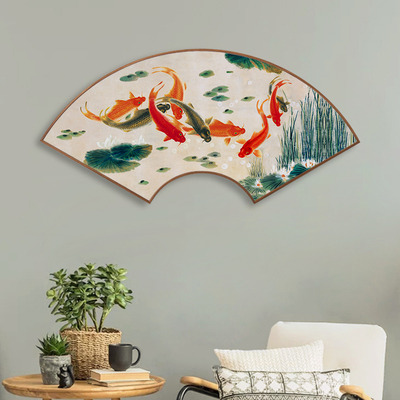 秋田映画新中式扇形装饰画九鱼图