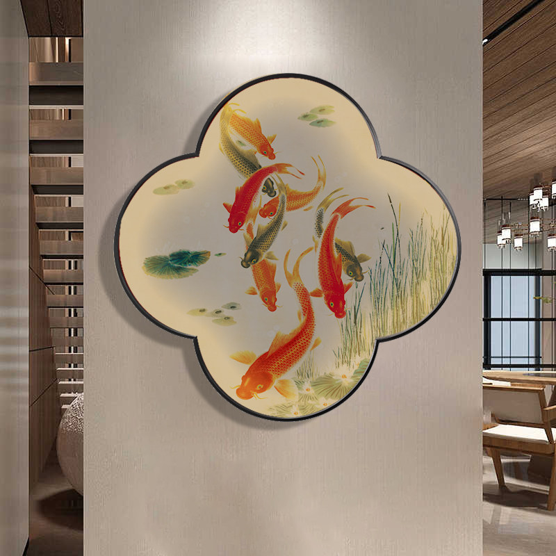 花鸟复古画新中式装饰画梅花形玄关挂画客厅沙发背景墙壁画带灯