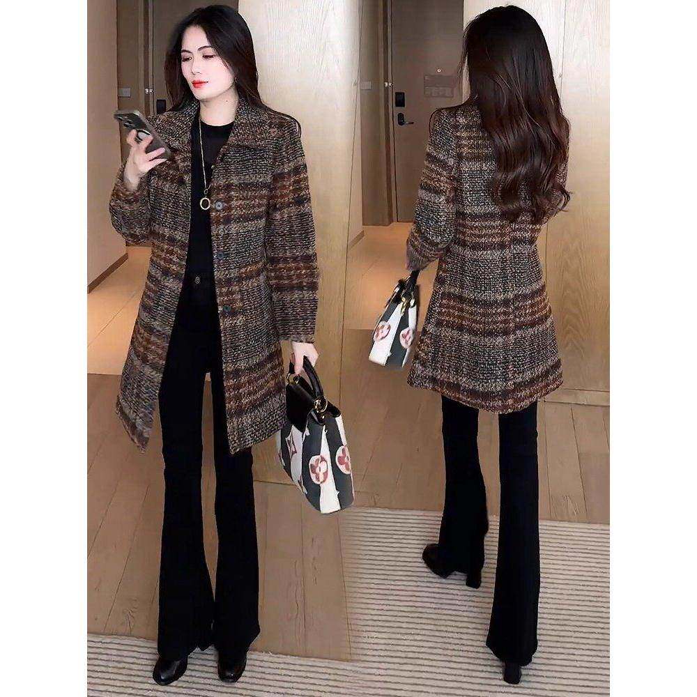 香港代购加厚格子毛呢外套女冬季新款显瘦修身中长款保暖呢子大衣