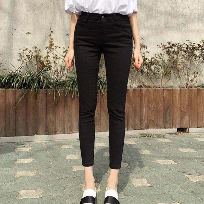 SPYB黑色九分牛仔裤女秋季小个子高腰弹力显瘦紧身小脚加绒铅笔裤