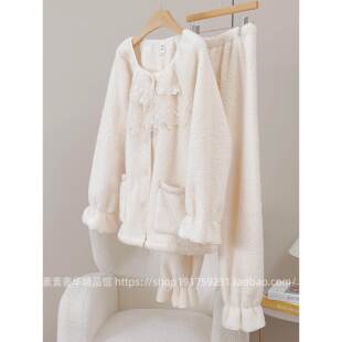 韩版甜美公主风喇叭袖加绒加厚睡衣女2025秋冬小个子可外穿家居服