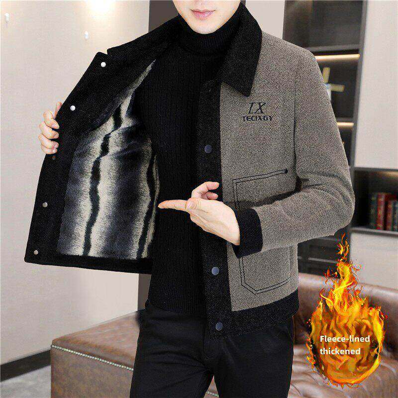 高端系列！秋冬金貂绒夹克男短款翻领加绒加厚毛呢大衣外套冬装