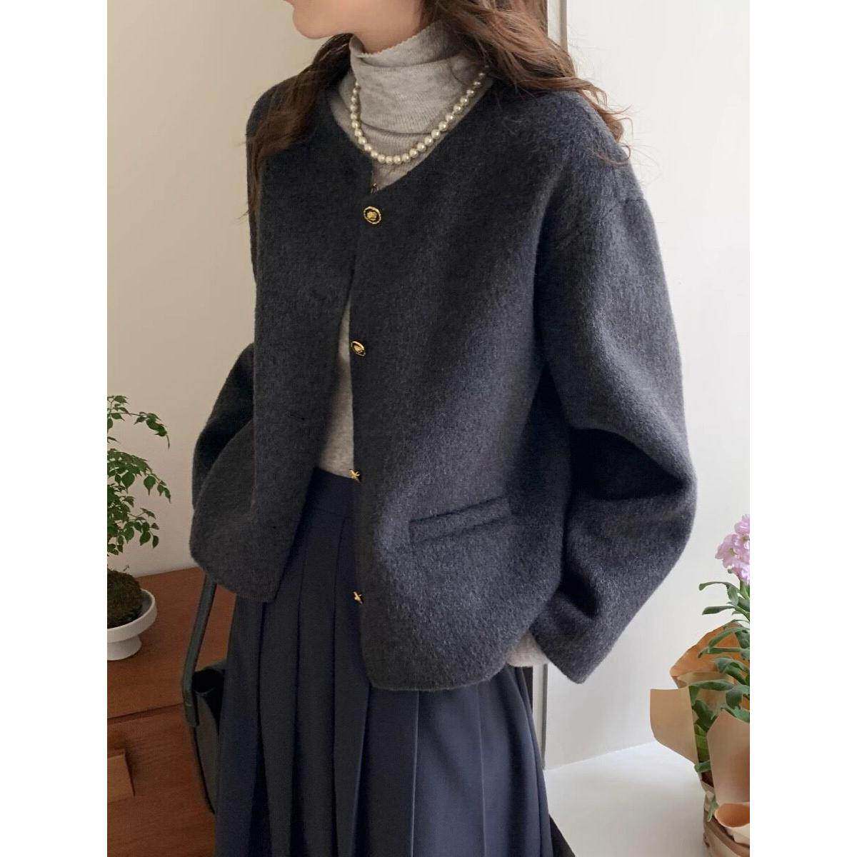 LEADINGLAD 灰黑色宽松双面羊绒外套女短款小香风韩系羊毛呢大衣
