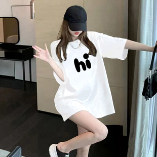 潮纯棉中长款 欧洲站白色大T恤女宽松短袖 2025年夏季 薄款 上衣 时尚