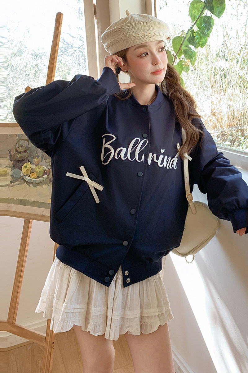 藏青色学院风字母棒球服外套女2025春秋新款韩版减龄休闲夹克上衣,女装短外套,2C309