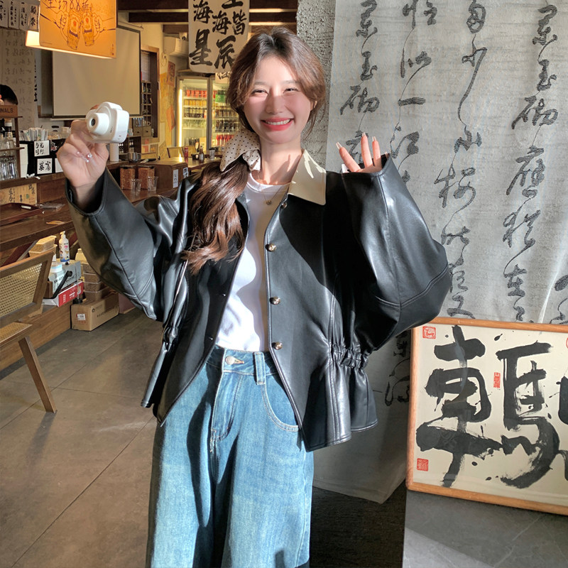 黑色复古设计感皮衣外套女2025年秋季新款韩系休闲小个子PU皮夹克,女装皮衣,2C309