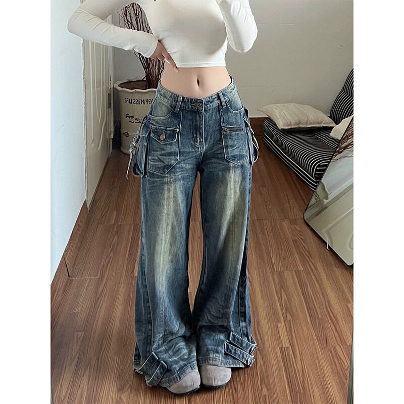 美式复古街头工装风阔腿牛仔裤女款2026春季新款低腰显高拖地长裤