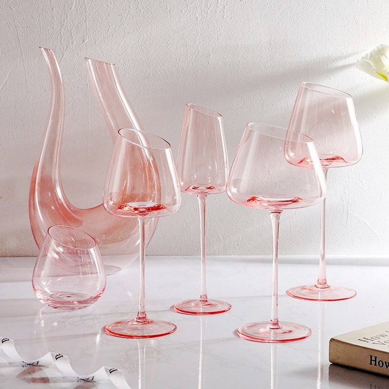 轻奢斜口粉色葡萄红酒杯子高脚杯套装家用水晶玻璃结婚生日礼物盒