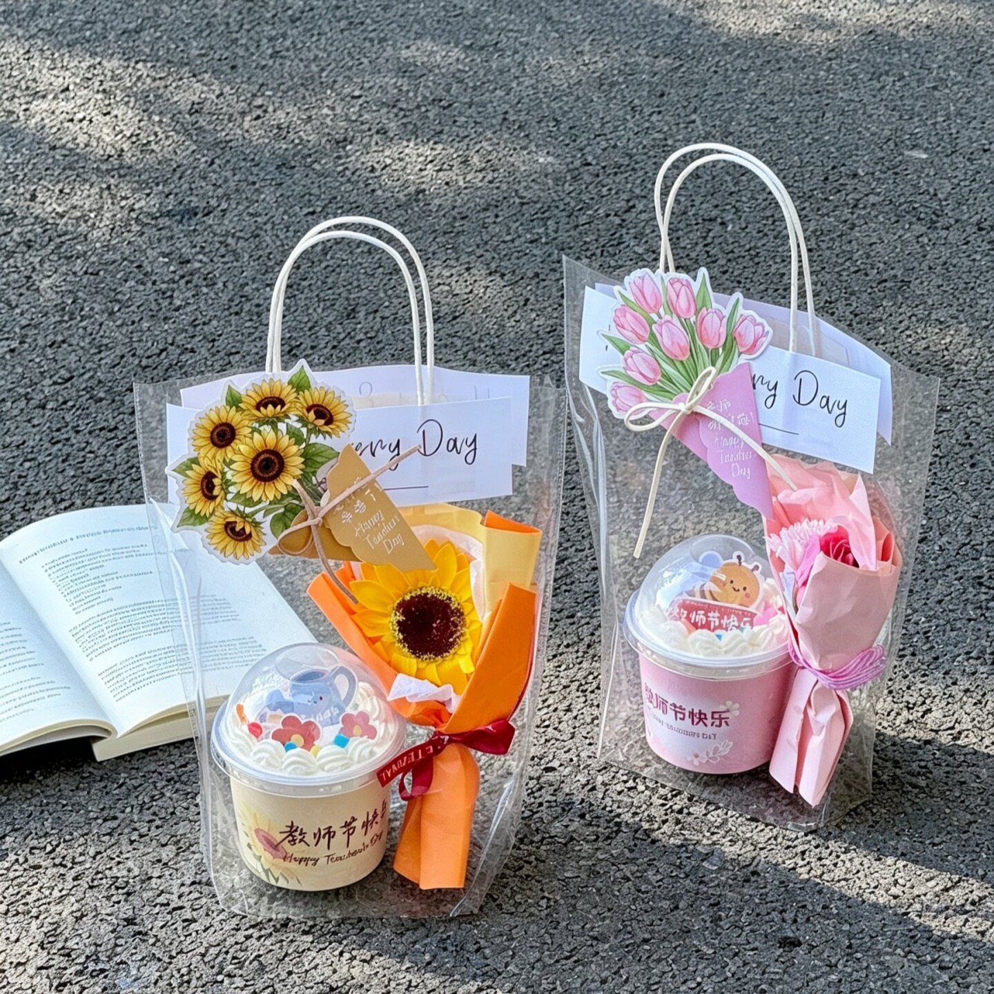 热门教师节蛋糕装饰透明手提袋老师节日仿真花伴手礼甜品袋礼物袋