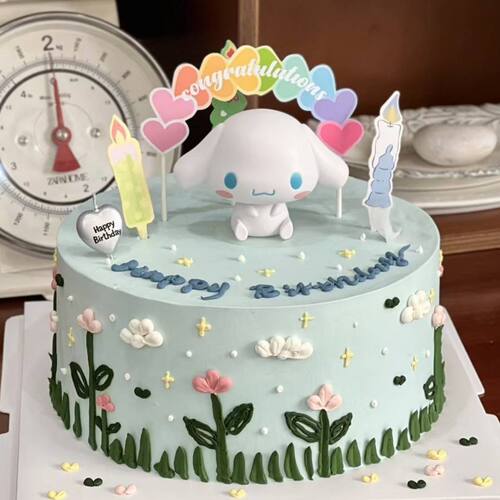 网红玉桂狗蛋糕装饰卡通大耳狗拱门彩虹多巴胺蜡烛儿童生日摆件