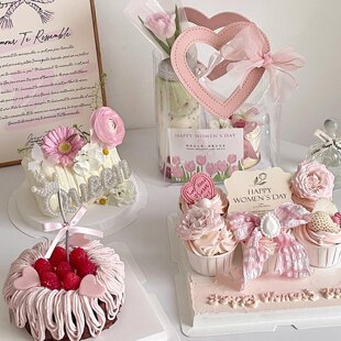 3.8女神节纸杯花束蛋糕装饰摆件三八妇女节女王节爱心手提袋装扮