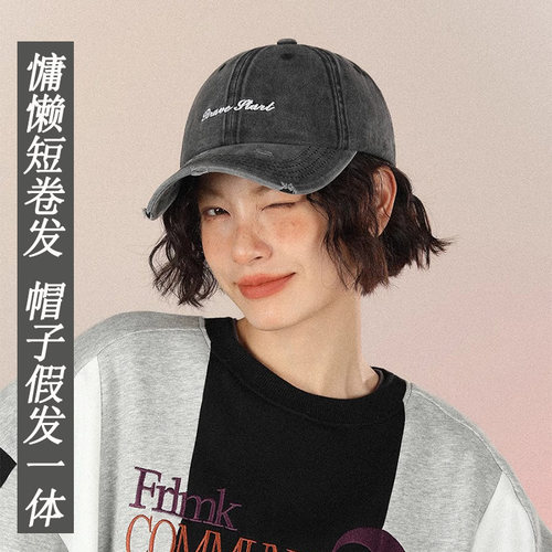 帽子假发一体仿真短卷发女棒球大头围鸭舌百搭时尚自然短发全头套