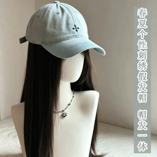 刺绣牛仔蓝宽檐大头围假发帽