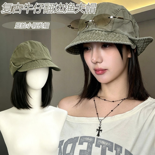 秋冬复古牛仔贝雷帽短直发假发帽