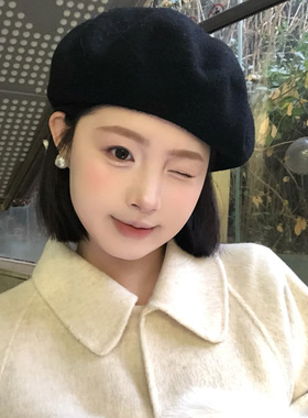帽子假发一体女仿真发丝秋冬新款黑色贝雷帽短直发辫子可拆全头套