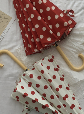 vintage港式·长柄雨伞女波点16骨加大折叠自动加固结实晴雨两用