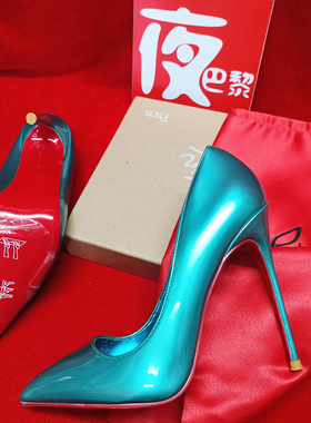 夜巴黎miss z 镜面绿色同款高跟kate 12cm红底细跟尖头浅口单鞋