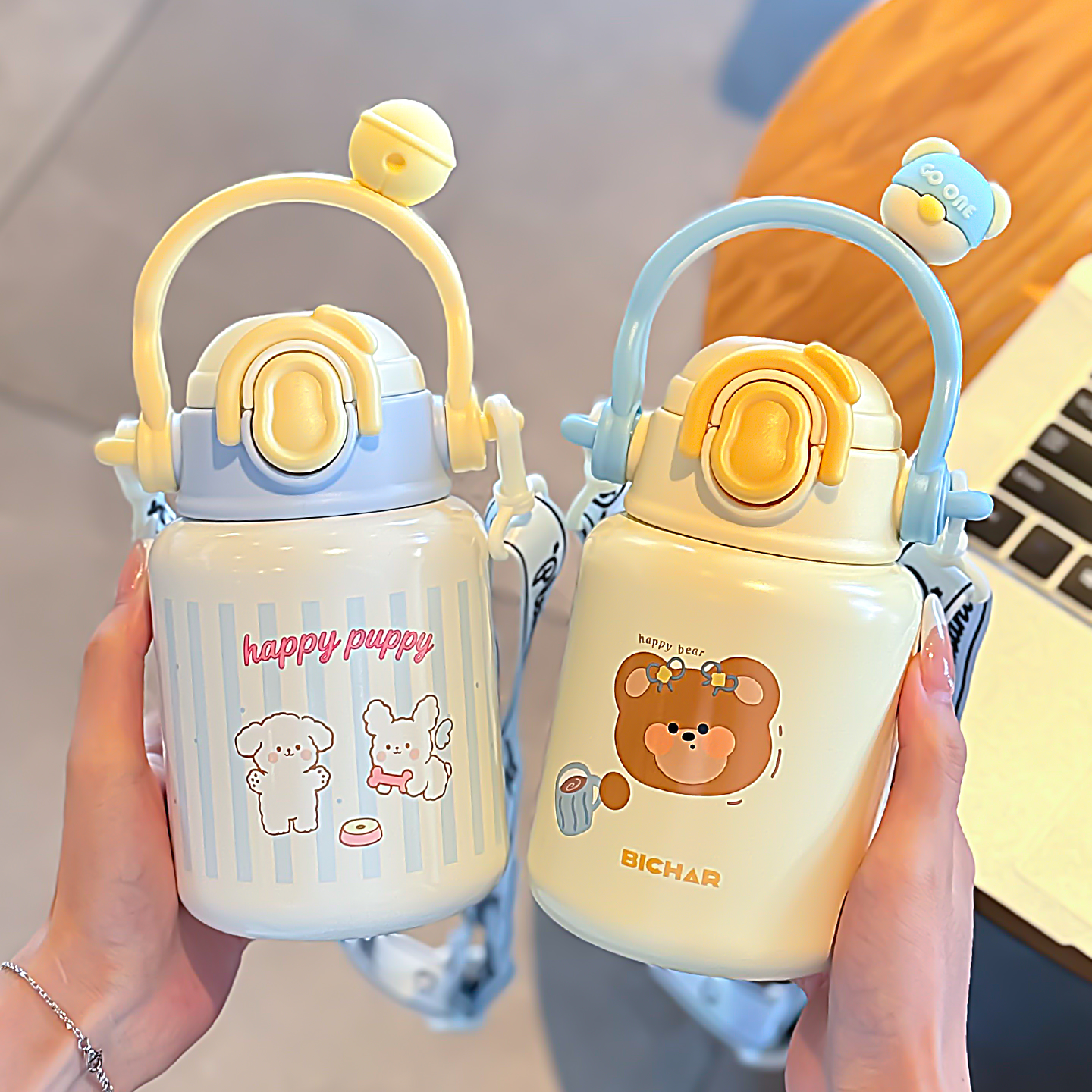 高颜值保温杯女生可爱涂鸦水杯大容量提手吸管学生不锈钢保冷杯子