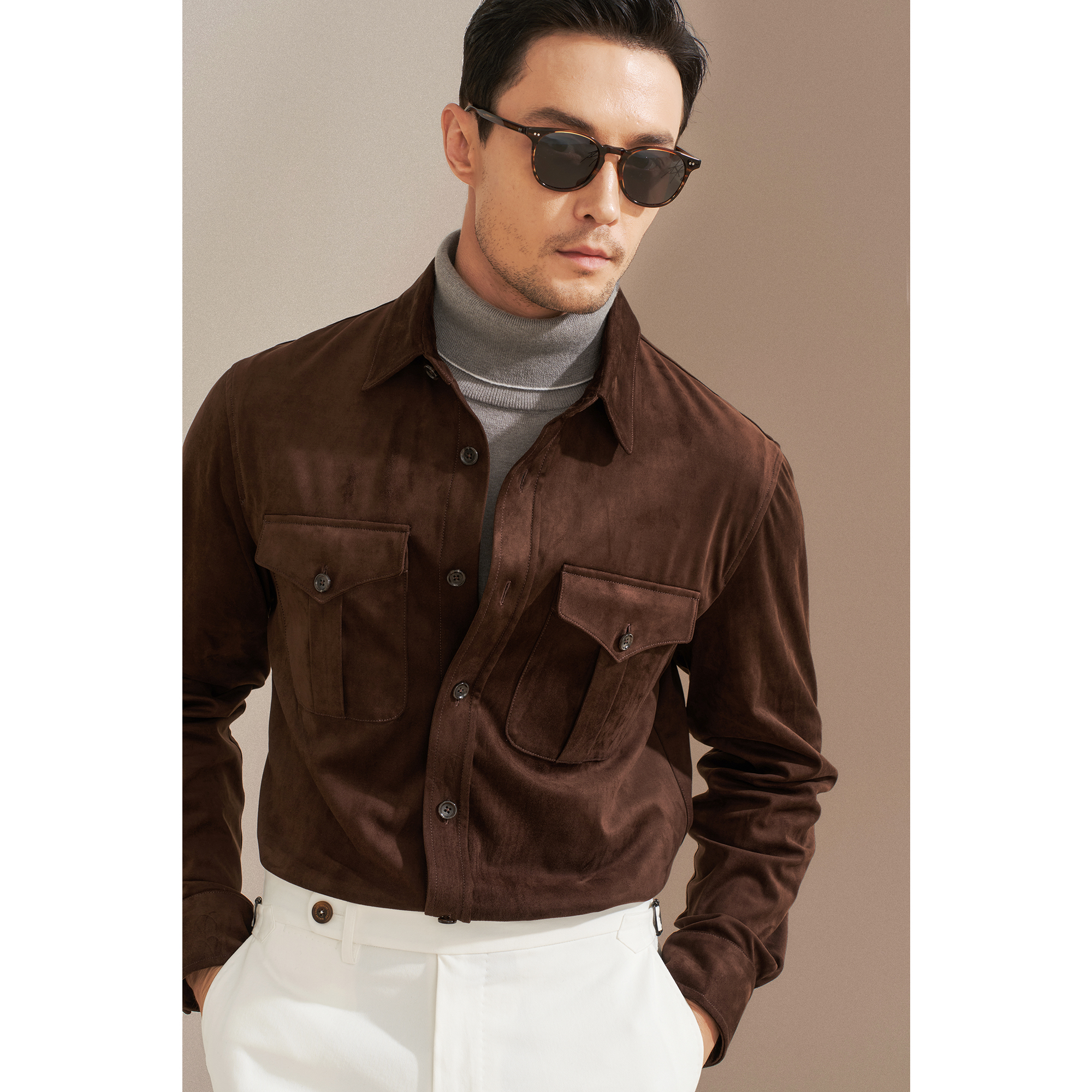 艾比路25秋冬美式复古老钱风RL麂皮绒军款风琴袋宽松猎装夹克衬衫