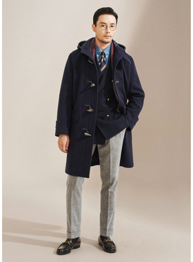 艾比路25AW英式复古进口羊毛Duffel Coat牛角扣海军蓝连帽大衣