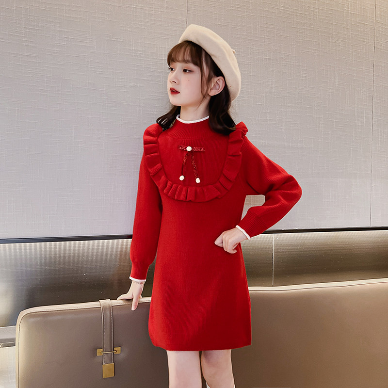 女童加绒公主裙毛衣小女孩洋气中大童秋冬针织打底衫中长款连衣裙
