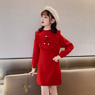 女童加绒公主裙毛衣小女孩洋气中大童秋冬针织打底衫中长款连衣裙