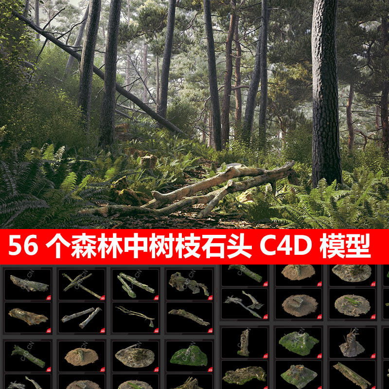 56个森林树枝树干树墩石头c4d模型 3d植物模型材质贴图素材