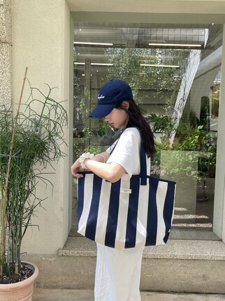 asm studio韩系慵懒风大容量条纹帆布包休闲单肩包托特包旅行大包