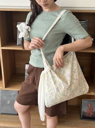 紫风铃碎花帆布包小众大容量单肩包小清新百搭少女布袋托特包ins