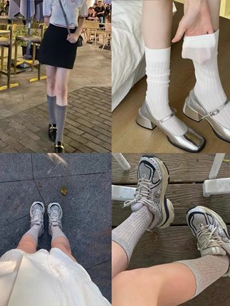 asm studio超薄miu芭蕾袜竖条纹小腿袜子长筒春夏纯色堆堆袜女韩