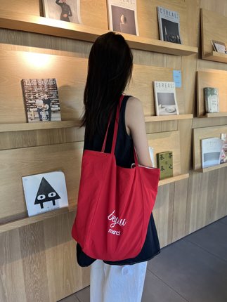 双面背条纹单肩包女大容量包包2024夏网红字母帆布包托特包小个子