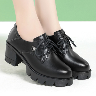春秋真皮单鞋女粗跟时尚休闲系带小皮鞋厚底高跟鞋大码女鞋上班鞋