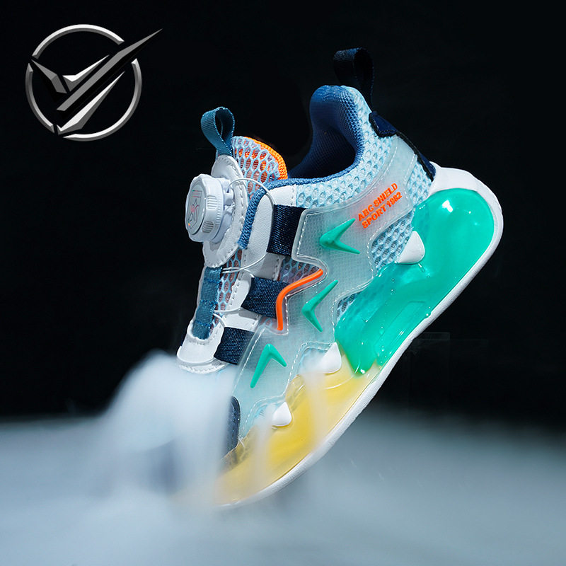 男童鞋子夏季新款网面透气篮球鞋旋转纽扣防滑软底女童超轻运动鞋