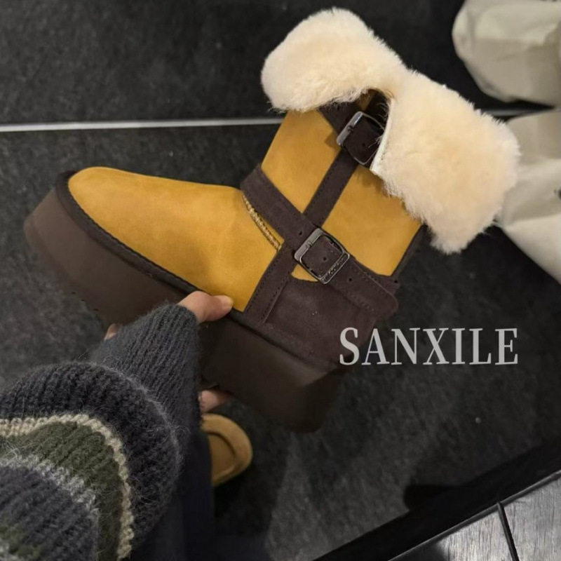 灰色两穿厚底长筒雪地靴女2025年秋冬外穿皮带扣加绒加厚保暖棉鞋