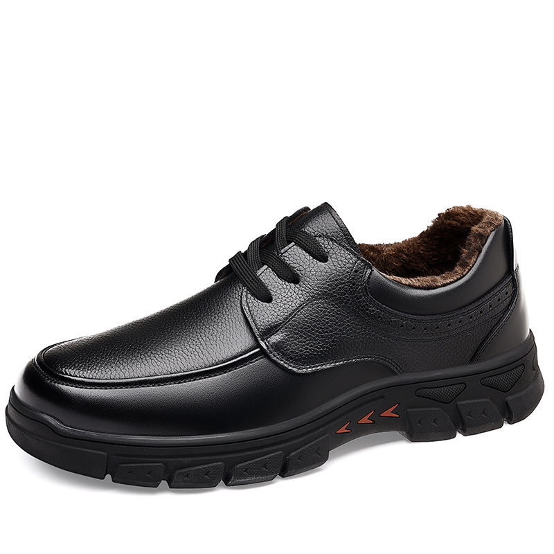 3336男棉鞋加绒保暖皮鞋冬季低帮系带牛皮面商务正装休闲鞋爸爸鞋