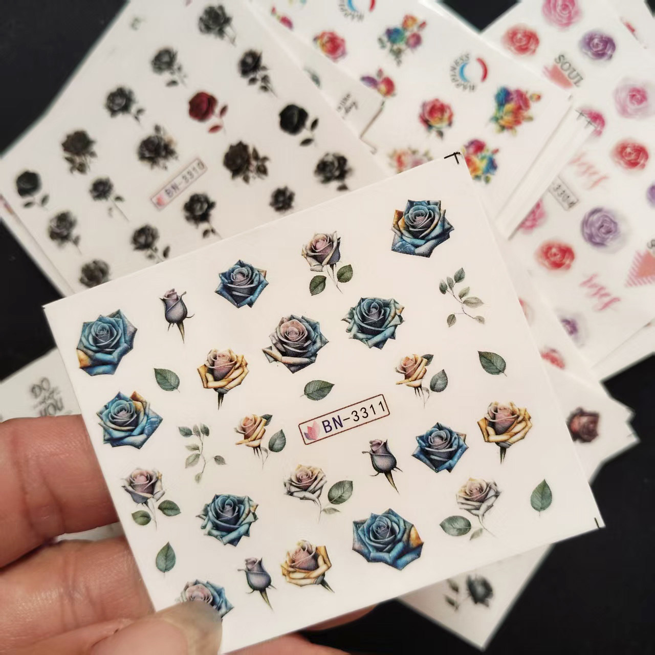 玫瑰花朵彩色小花美甲贴纸水印贴美甲工具