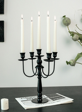 法式复古铁艺烛台摆件高级黑色底座中古多头烛台新年红色蜡烛道具