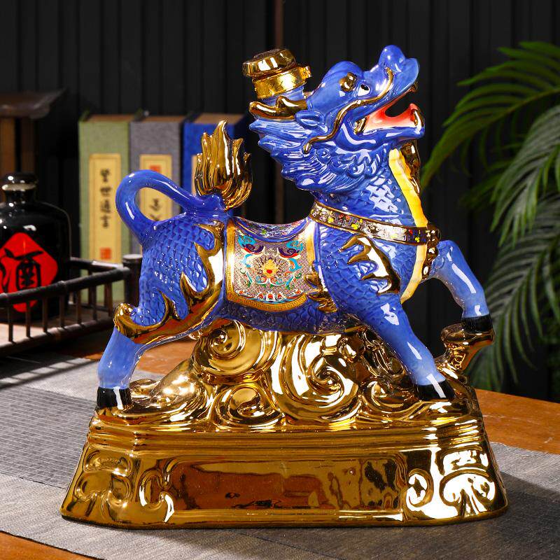 景德镇陶瓷空酒瓶 鸿福齐临五斤装镀金高温釉麒麟酒罐 5斤装酒坛