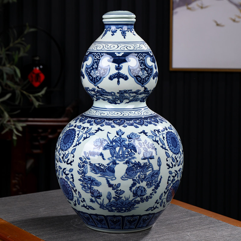 景德镇仿古陶瓷酒瓶二十斤装手绘青花瓷鸳鸯戏水密封20斤装空酒坛