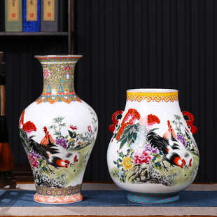 景德镇陶瓷粉彩福筒花瓶 中式家居客厅插花电视柜博古架装饰品瓷