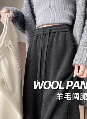 MDCW STUDIO灰色醋酸羊毛阔腿裤女2025新款加绒高腰垂感直筒裤子