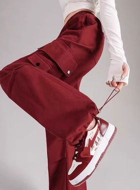 MDCW STUDIO美式红色阔腿工装裤女2025秋冬新款加绒休闲伞兵裤子