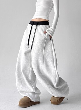 MDCW STUDIO休闲时尚阔腿弯刀裤女2025冬季挺括束脚两穿加绒卫裤