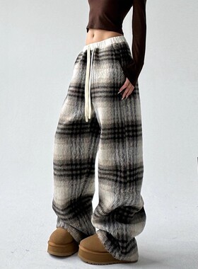 MDCW STUDIO毛呢格子裤女2025秋冬新款加绒高腰宽松加厚慵懒长裤