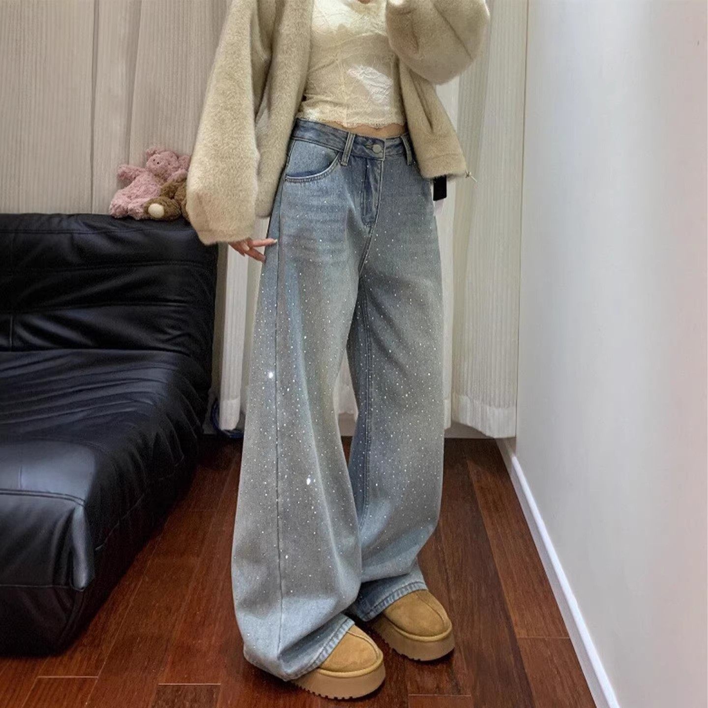 MDCW STUDIO美式高街烫钻牛仔裤女胖mm高腰宽松显瘦直筒阔腿长裤,女装/女士精品,大码裤装,淘宝优惠券,粉丝福利购,淘宝优惠卷