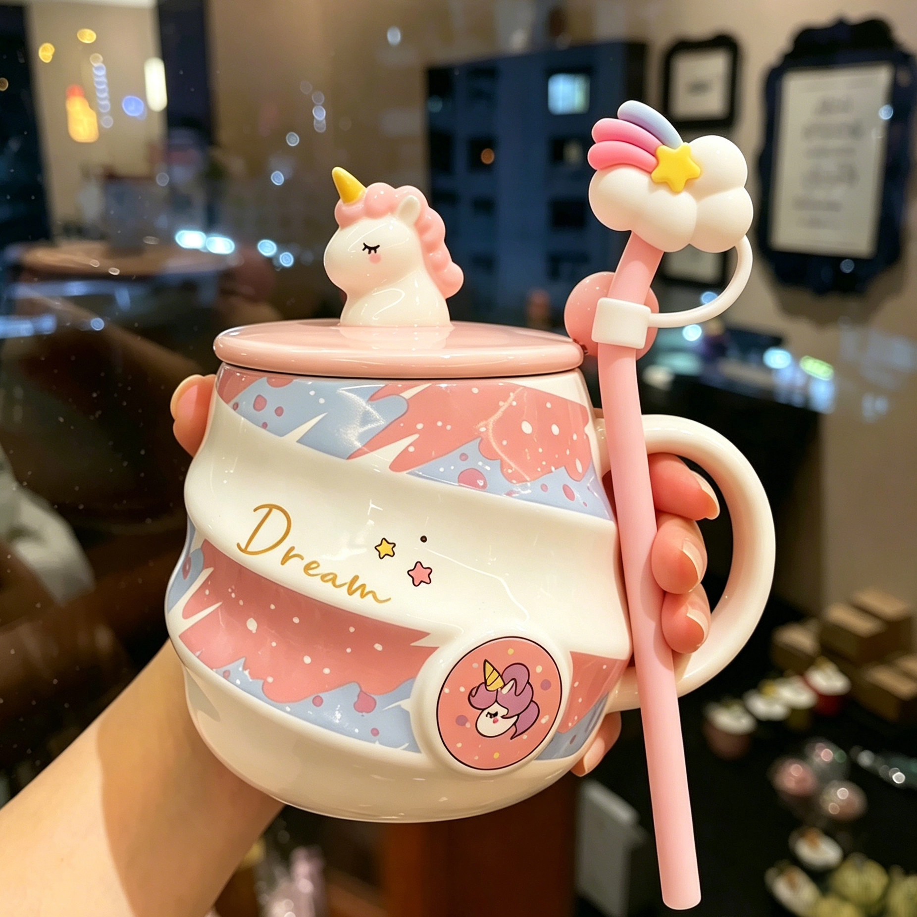 英国DHWA可爱彩虹独角兽陶瓷螺纹马克杯带盖勺喝水杯办公室咖啡杯