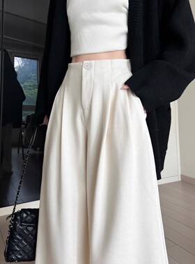 MDCW STUDIO米白色毛呢西装裤女2025秋冬新款加绒加厚糯米阔腿裤