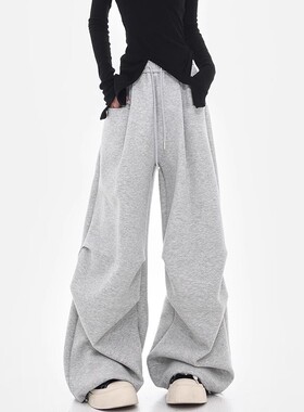 MDCW STUDIO大码灰色加绒运动裤女2025冬新款直筒卫裤工装阔腿裤