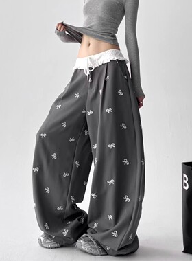 MDCW STUDIO灰色蕾丝拼接蝴蝶结休闲裤女2025春秋新款显瘦西装裤