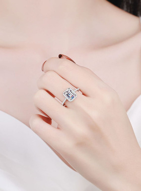 s925纯银指环四爪方糖祖母绿雷迪恩切割莫桑石排戒婚戒莫桑钻戒指